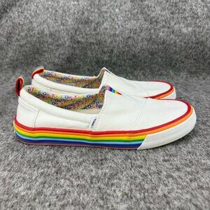 ✅ Toms Womens 8.5 Canvas Rainbow Slip-On Shoes White Multicolor Stripe Accent